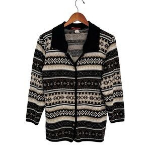 Vintage Fair Isle Nordic Knit Button-Up Cardigan Black & Cream Size M